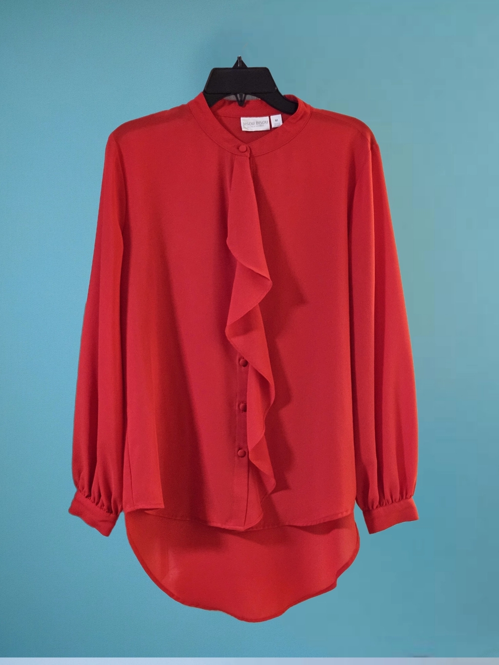 Bisou Bisou Red Ruffle Front Long Sleeve Red Women's  Blouse Size M